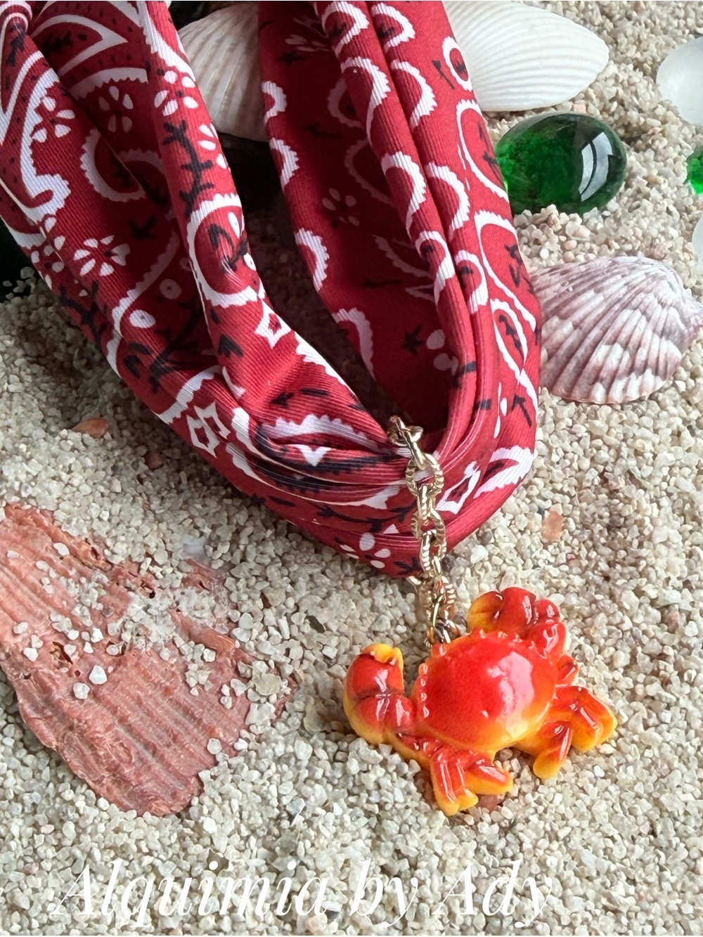 AMERICANA Red and Orange Crab Pendant BANDANNA Scarf Necklace